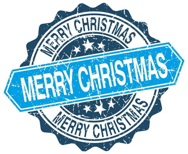 Frohe Weihnachten blauer Round Grunge Stempel auf Weiß — Stockvektor