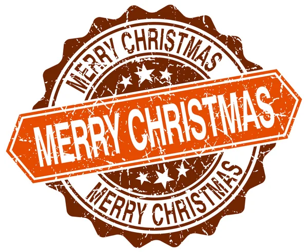 Merry christmas oranje ronde grunge stempel op wit — Stockvector