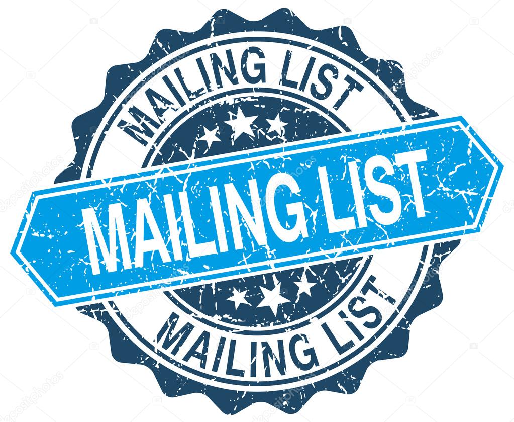 mailing list blue round grunge stamp on white