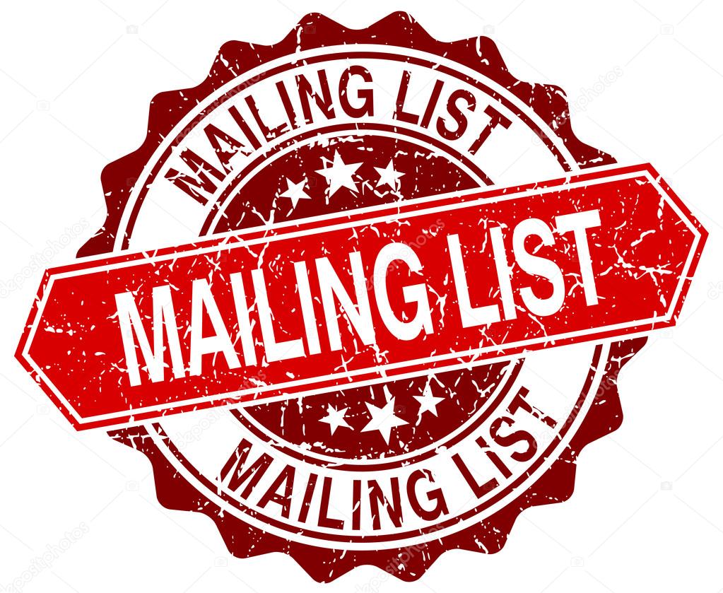mailing list red round grunge stamp on white