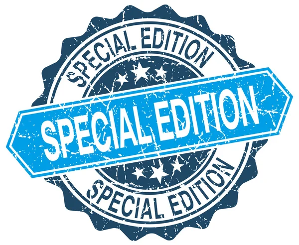 Edição especial azul rodada grunge selo em branco — Vetor de Stock
