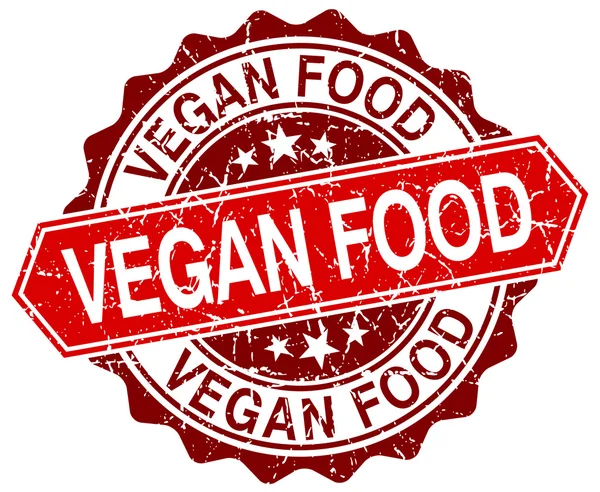 Vegan food rode ronde grunge stempel op wit — Stockvector