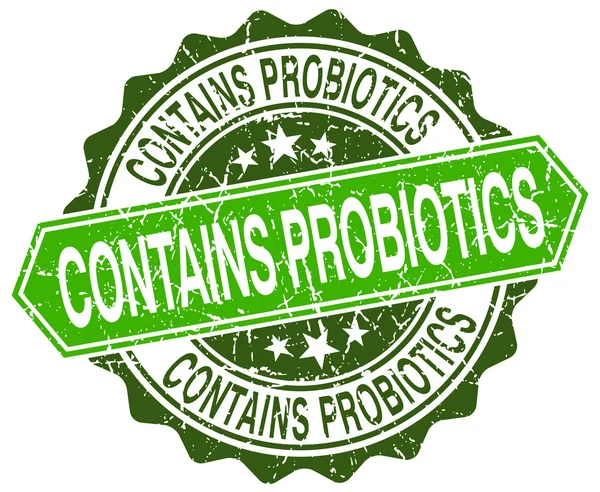 Contains probiotics green round retro style grunge seal — Stock Vector