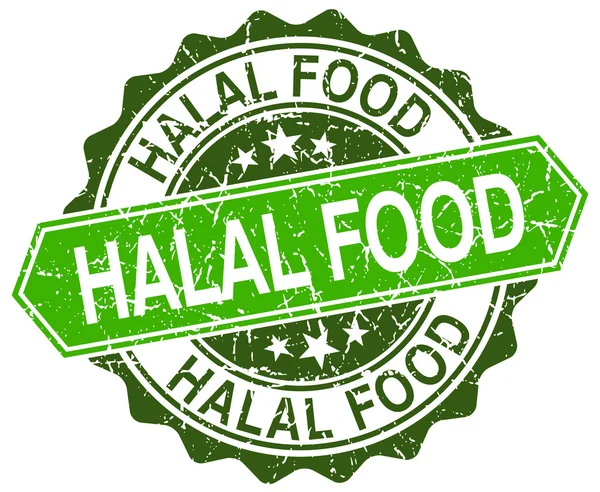 Halal Food grüne runde Grunge-Robbe im Retro-Stil — Stockvektor