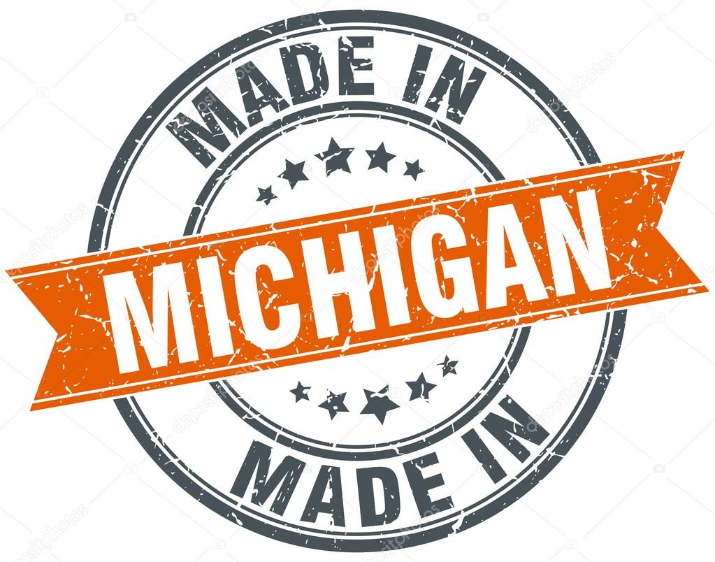Michigan orange grunge ribbon stamp on white