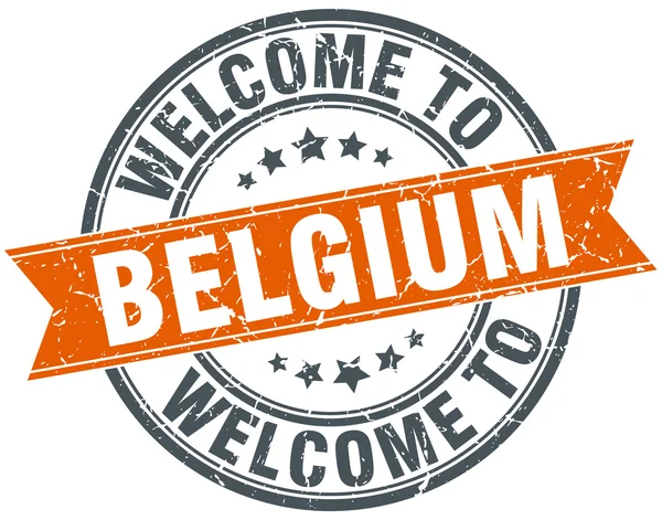 Vítejte v Belgii oranžová stuha kulaté razítko — Stockový vektor