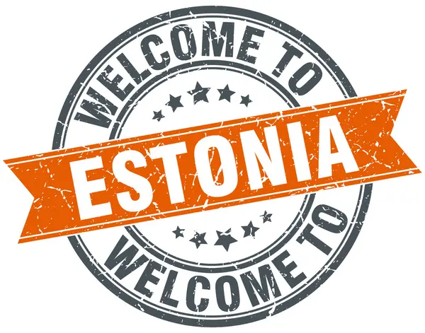 Estonya turuncu yuvarlak şerit damga hoş geldiniz — Stok Vektör