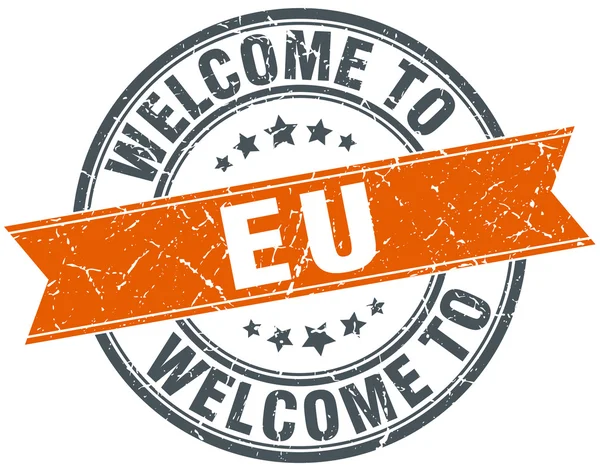 Welcome to eu orange round ribbon stamp — Stock Vector