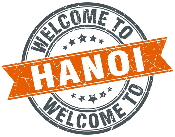 Vítejte v Hanoi oranžová stuha kulaté razítko — Stockový vektor
