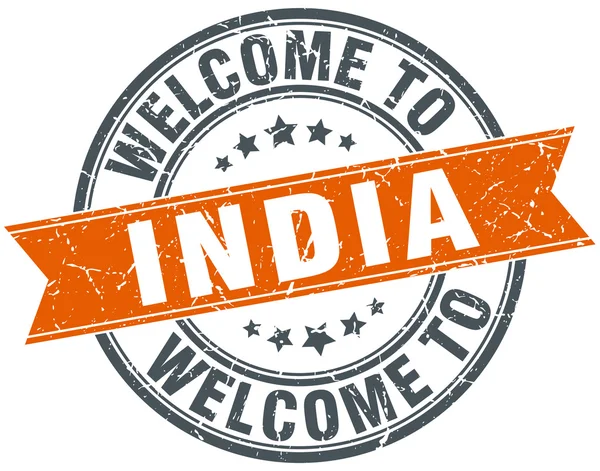 Vítejte v Indii oranžová stuha kulaté razítko — Stockový vektor