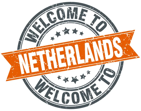 Bem-vindo ao selo de fita redonda laranja dos Países Baixos — Vetor de Stock