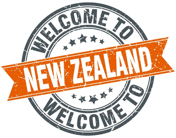Zapraszamy do Nowej Zelandii pomarańczowy okrągły znaczek wstążka — Wektor stockowy