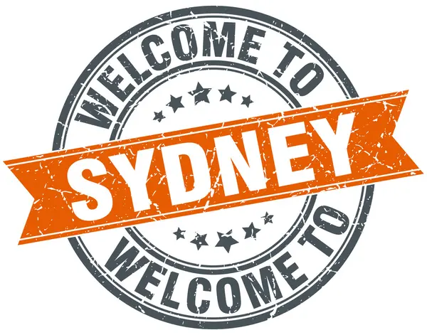 Benvenuto a Sydney arancione nastro rotondo timbro — Vettoriale Stock