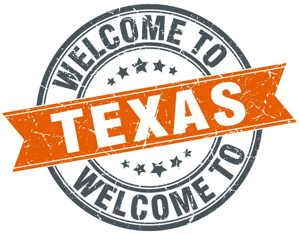 Benvenuto a Texas arancione nastro rotondo timbro — Vettoriale Stock