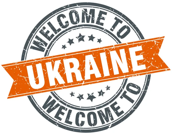 Welcome to Ukraine orange round ribbon stamp — Stock Vector