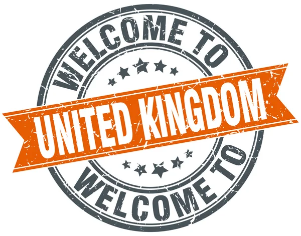 Welcome to United Kingdom orange round ribbon stamp — Stock Vector
