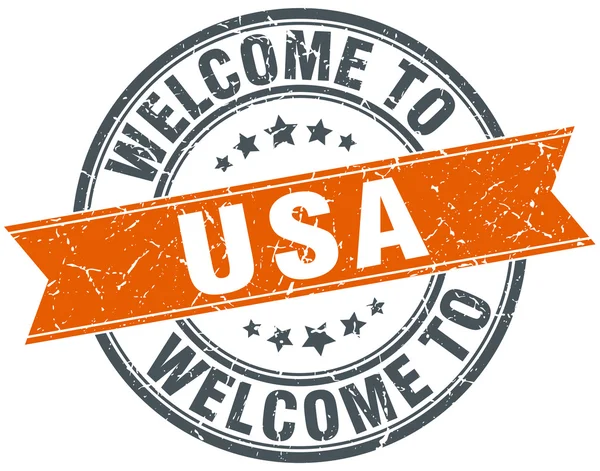 Willkommen in den USA eine orangefarbene runde Bandmarke — Stockvektor