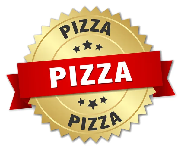 Pizza 3d gold emblem med rött band — Stock vektor