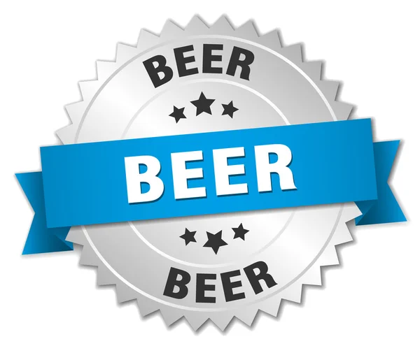Badge en argent 3d bière avec ruban bleu — Image vectorielle