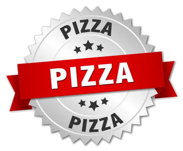 Pizza 3d argent badge avec ruban rouge — Image vectorielle