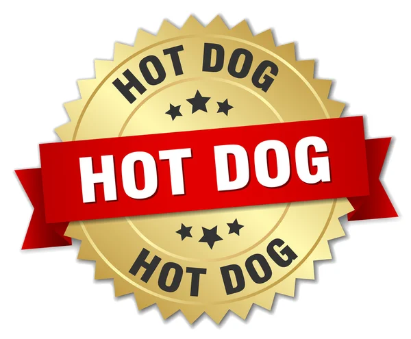 Hot Dog 3D Gold Abzeichen mit roter Schleife — Stockvektor