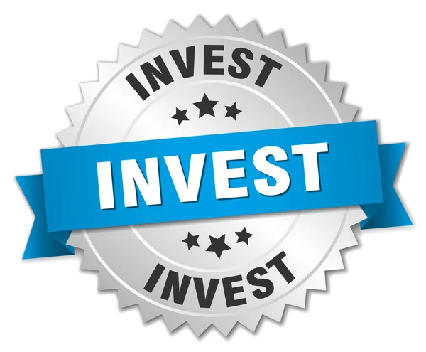 Investovat 3d stříbrný odznak s modrou stužkou — Stockový vektor