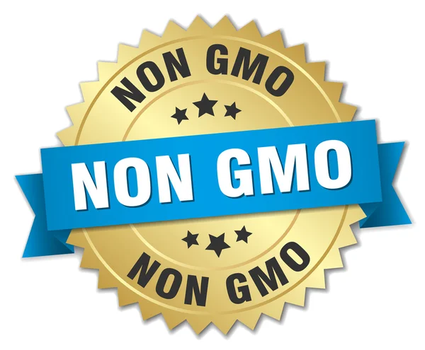 Icke gmo 3d gold emblem med blått band — Stock vektor