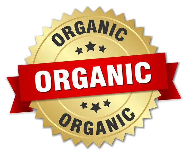Distintivo organico in oro 3d con nastro rosso — Vettoriale Stock