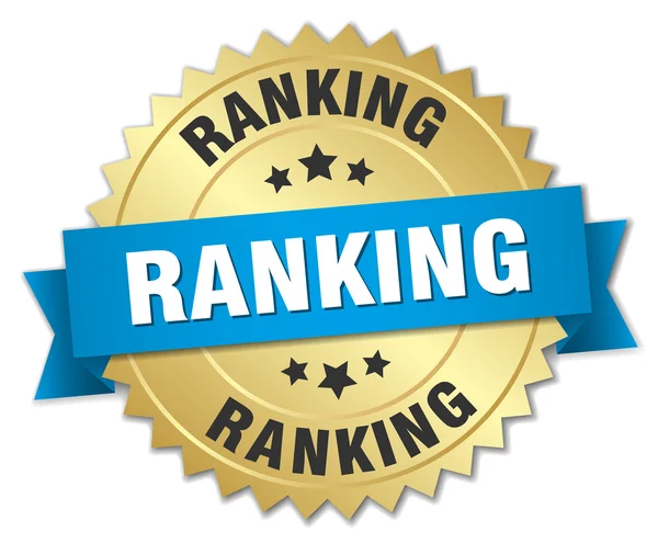 Ranking 3d hedersutmärkelse i guld med blå band — Stock vektor