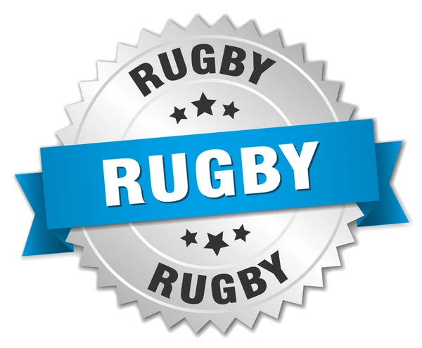 Rugby 3d znaczek srebrny z niebieską wstążką — Wektor stockowy