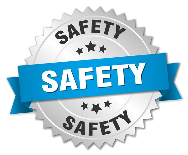 Ασφάλεια 3d ασημένιο σήμα με μπλε κορδέλα — Διανυσματικό Αρχείο
