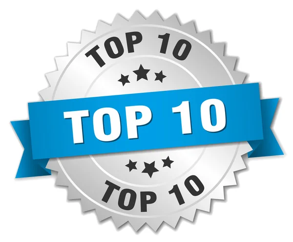 Top 10 3D-s ezüst jelvényt, kék szalaggal — Stock Vector