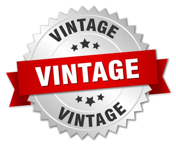 Insignia de plata 3d vintage con cinta roja — Vector de stock