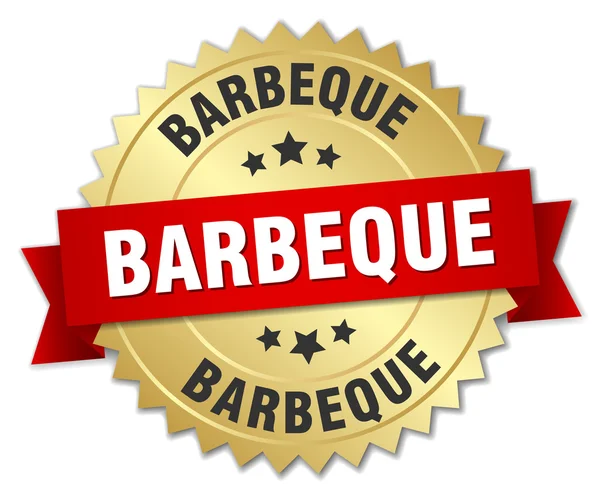 Barbeque 3d gold emblem med rött band — Stock vektor