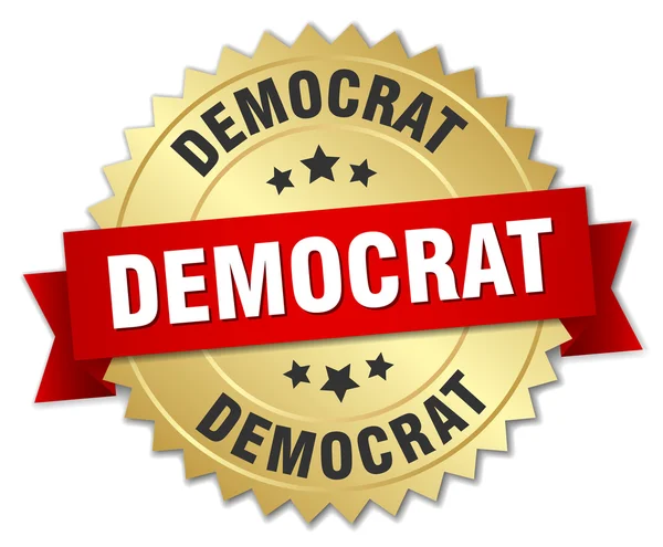 Badge démocrate en or 3d avec ruban rouge — Image vectorielle