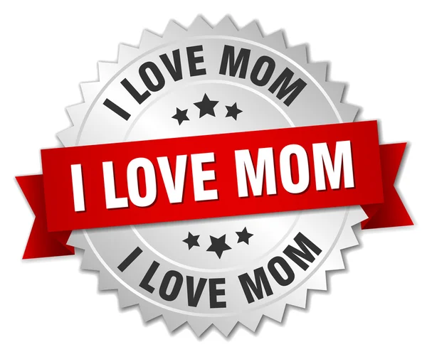 I love mom 3d silver badge with red ribbon — Stock Vector