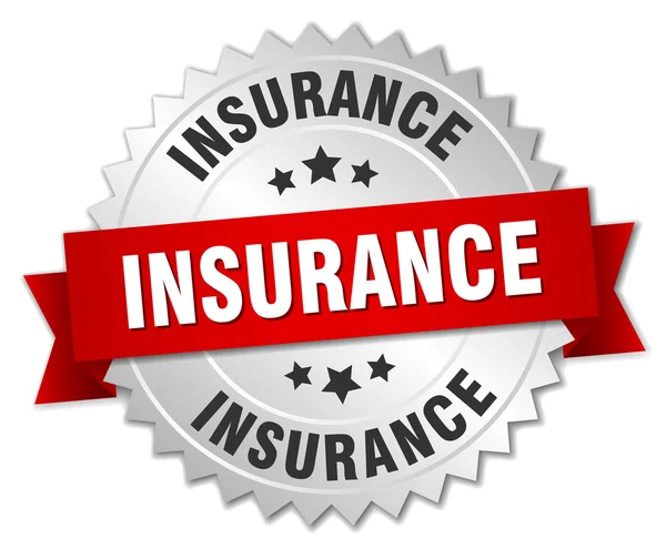 Insurance 3d silver märke med rött band — Stock vektor