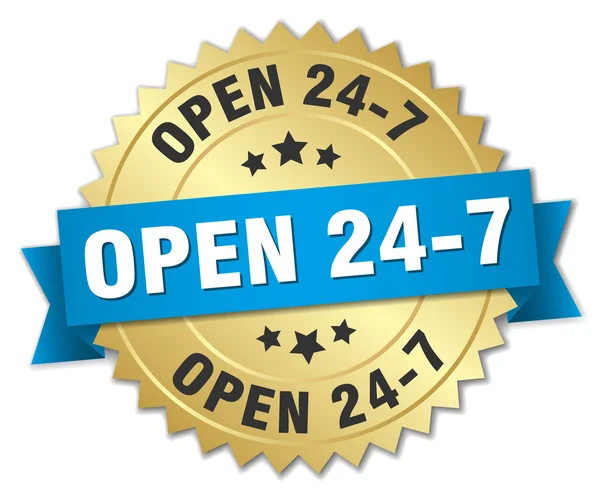 Open 24 7 3d gouden badge met blauw lint — Stockvector