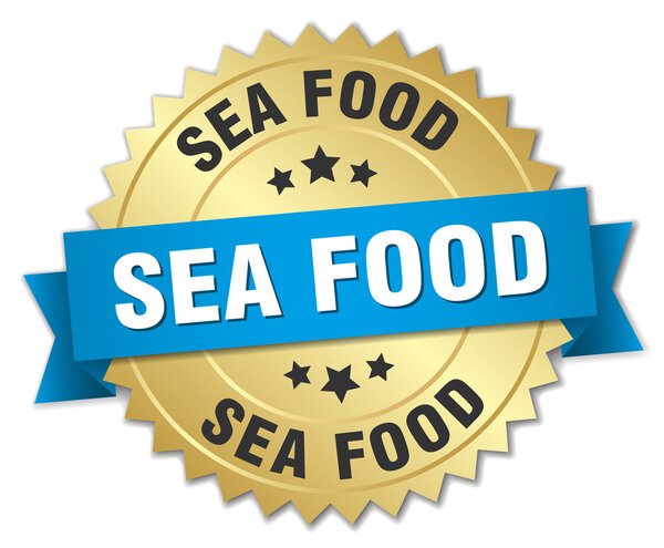 sea food 3d gold badge with blue ribbon