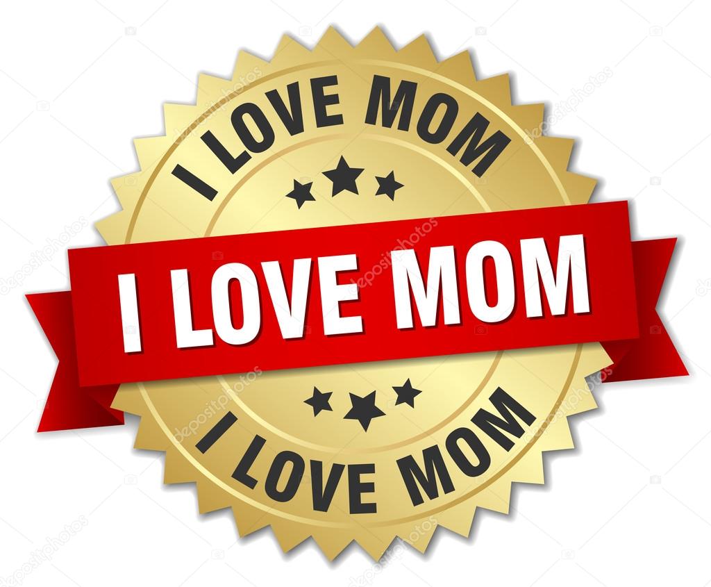 i love mom 3d gold badge with red ribbon