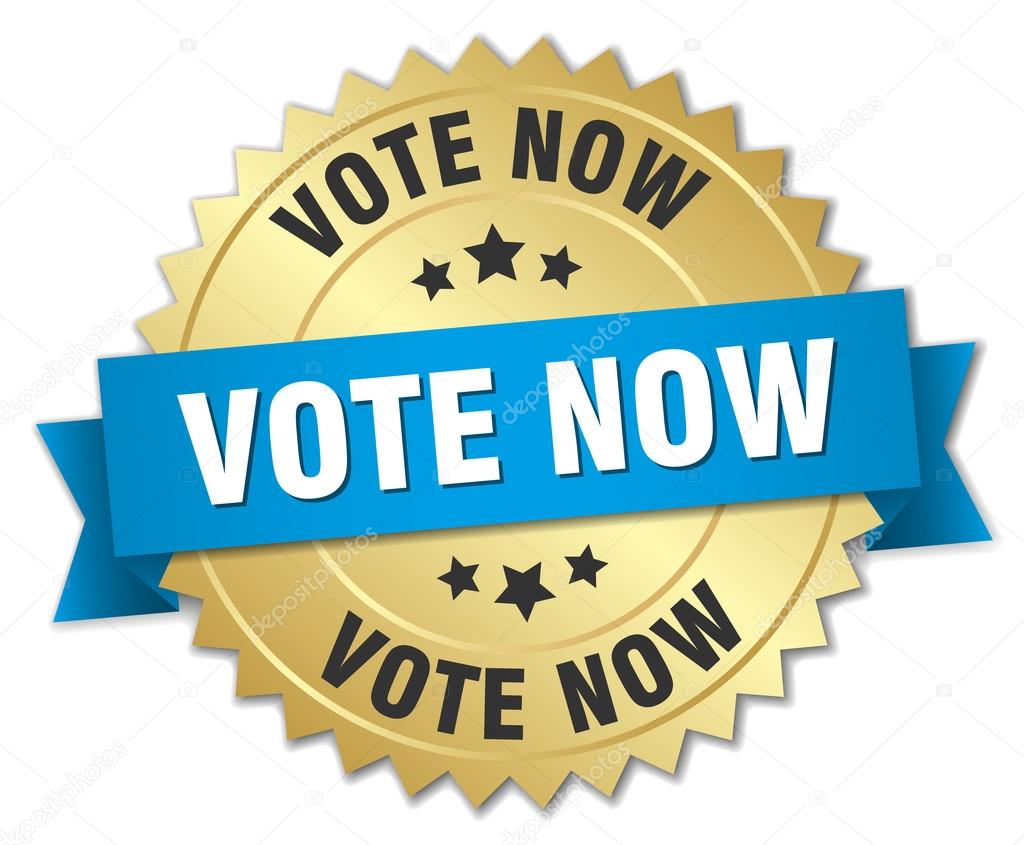 vote now 3d gold badge with blue ribbon