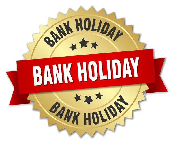 Bank holiday 3d gouden badge met rood lint — Stockvector