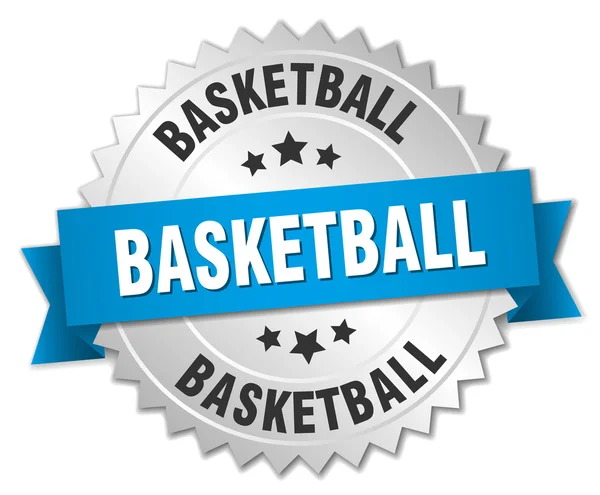 Crachá de prata 3d basquete com fita azul — Vetor de Stock