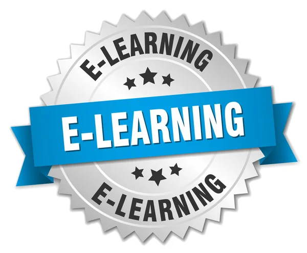 E-learning 3D-zilveren badge met blauw lint — Stockvector