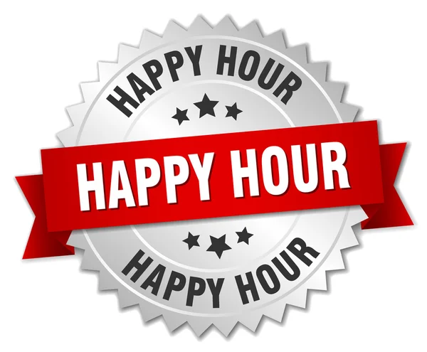 Happy hour 3d silver badge with red ribbon — Stock Vector