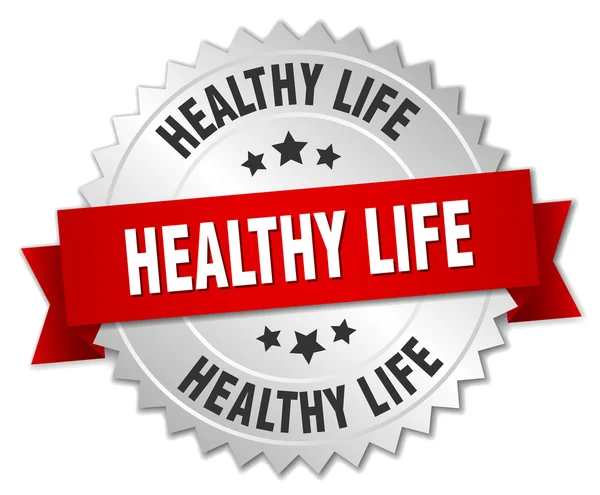 3d ασημένιο σήμα υγιή ζωή με κόκκινη κορδέλα — Διανυσματικό Αρχείο