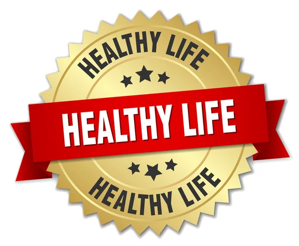 健康的な生活に赤いリボン 3 d ゴールド バッジ — ストックベクタ