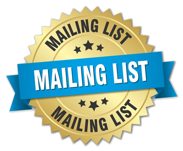 Mailing list Badge en or 3d avec ruban bleu — Image vectorielle