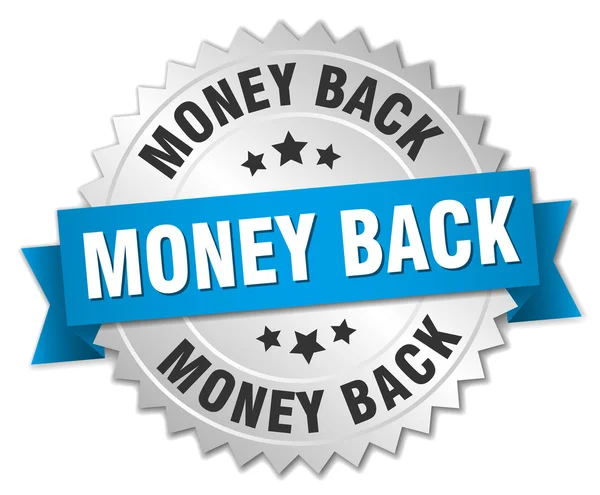 Χρήματα πίσω 3d ασημένιο σήμα με μπλε κορδέλα — Διανυσματικό Αρχείο