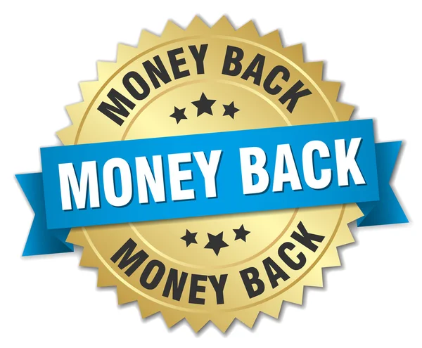 Pengar tillbaka 3d gold emblem med blått band — Stock vektor